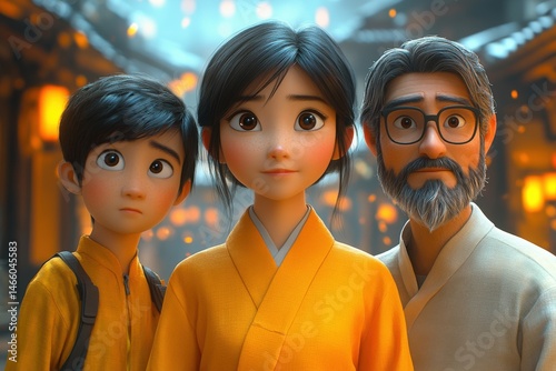 Animated family portrait, Asian-inspired setting, warm lighting