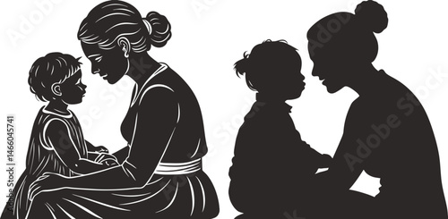 Mothers and children silhouettes tender bond love,  Mother sitting closely with her child vector illustration, Happy mother's day card design element