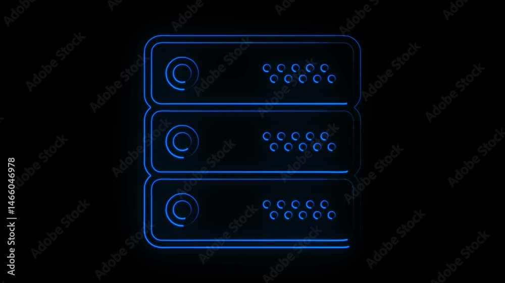 Radiant Neon Blue Server Stack Symbol. Cyber-Themed Neon Blue Server Icon for Network Apps. 