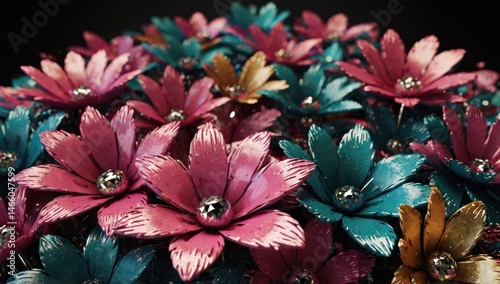 margaridas coloridas com entalhe 3d, fundo preto com detalhes de GLITTER rosa