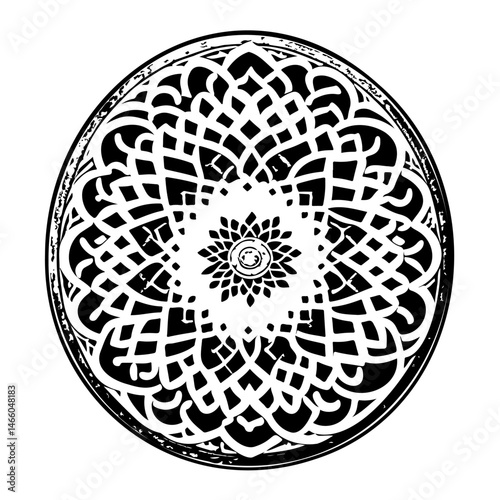 Intricate symmetrical design in black and white, a circular geometric pattern