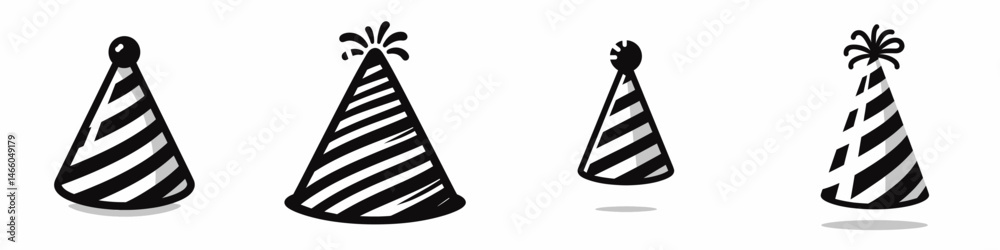 The Striped Party Hat. Symbol Vector Clip art. Vivid patterned cone chapeau celebratory headwear for gala carnival adornment.