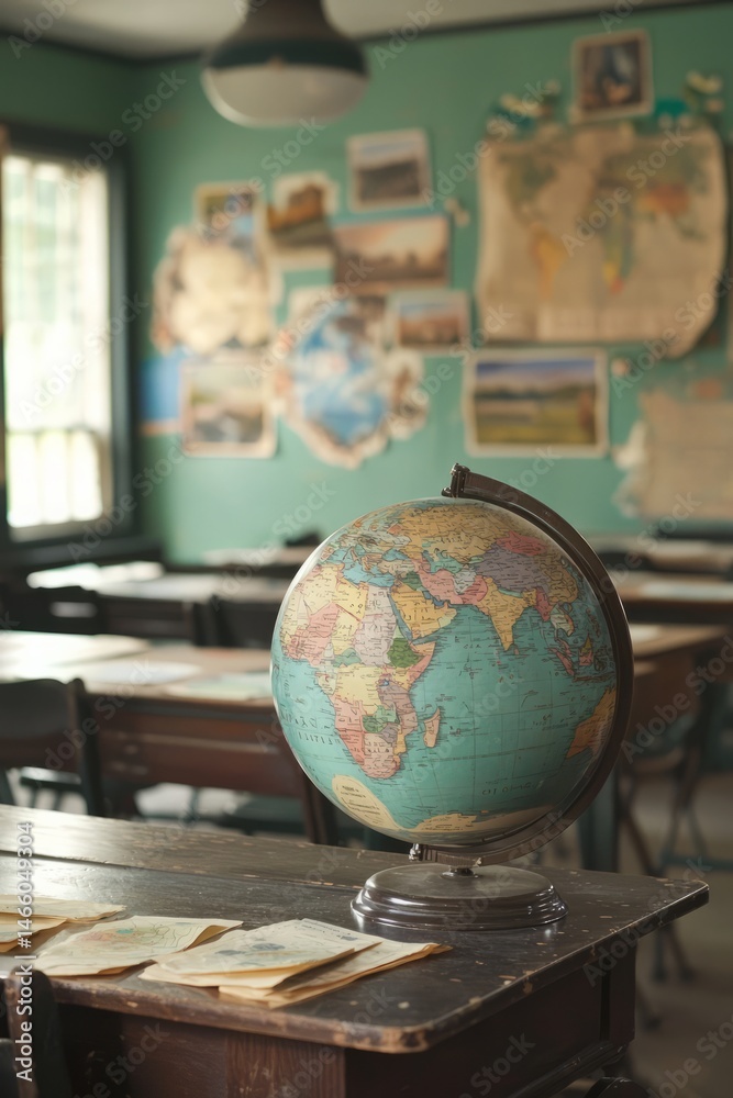 A classroom during a geography lesson with a globe and maps in view A teacher shows pictures of faraway places and tells stories about them The mood is curious and lively A classroom during a geography lesson with a globe and maps in view A teacher shows pictures of faraway places and tells stories about them The mood is curious and lively