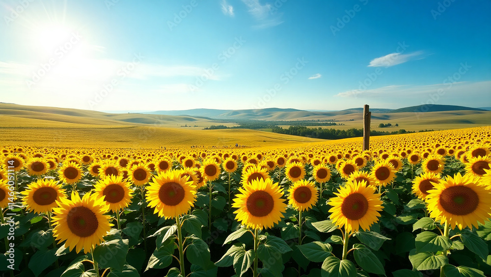 Fototapeta premium Bright Sunflower Field Under a Clear Blue Sky in a Scenic Landscape