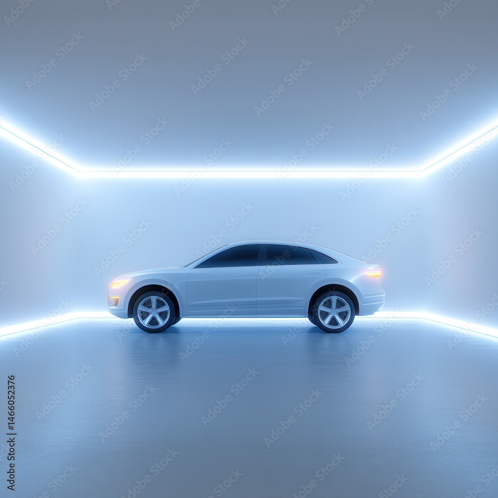A sleek white car is showcased in a minimalist, futuristic room illuminated by blue neon lights. A sleek white car is showcased in a minimalist, futuristic room illuminated by blue neon lights.