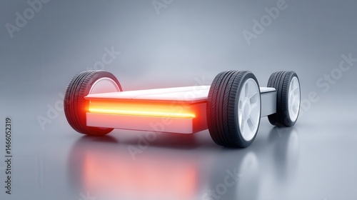 A sleek electric vehicle chassis with four wheels and a glowing red light, displayed on a reflective surface.