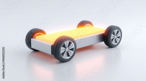 A futuristic electric vehicle platform with four wheels and a glowing battery pack on a light background.