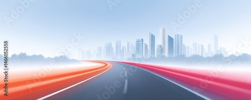 A modern city skyline with a curving highway and motion blur lines, suggesting speed and urban development.
