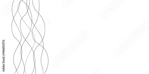 A minimalist abstract image featuring multiple, interwoven, wavy lines in varying thicknesses and dashed patterns.	