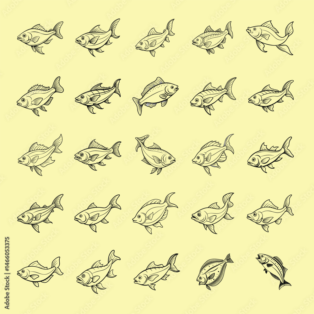 Obraz premium halibut fish design, labeled linea art vector illustration.
