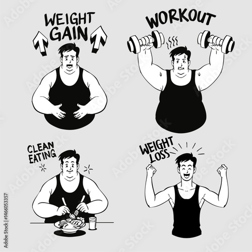 Hand Drawn of Fitness Men Weight Lose Journey