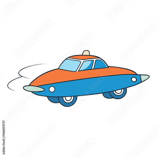 A sleek flying car lifts off vertically, engines humming as it rises smoothly into the sky, leaving the city streets behind and soaring toward the future of travel.
