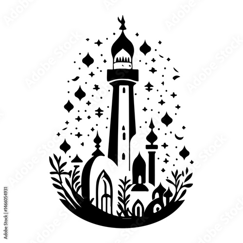 Elegant monochrome composition showcases a mosque silhouette amid astral symbols