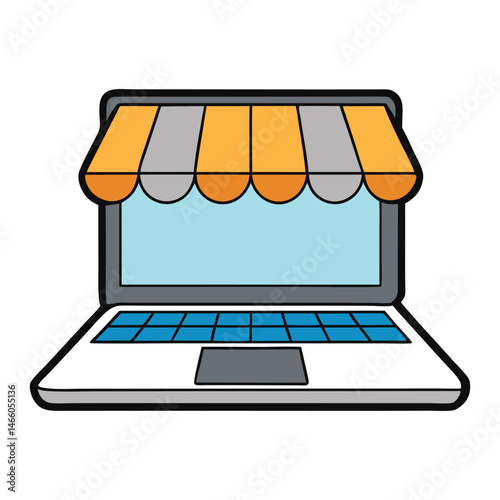 A laptop with a striped awning overhead, symbolizing an online store or digital marketplace—perfect for representing e-commerce, shopping, or digital retail.
