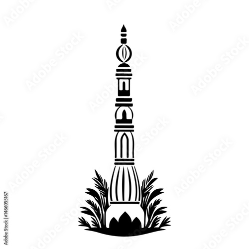 Ornamental Tower Silhouette with Botanical Base, Symbolic and Decorative Design
