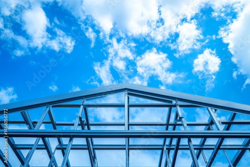 Elevated view of a steel building framework under a partly cloudy sky.