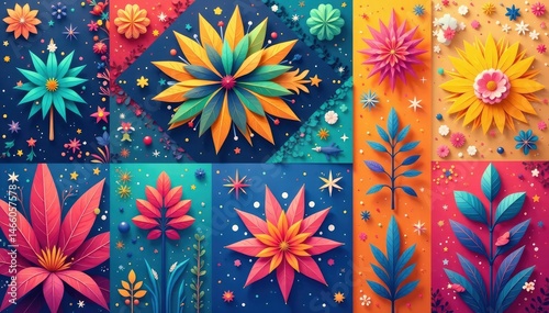 Vibrant, colorful geometric patterns illustrated in a playful style , pattern, geometric