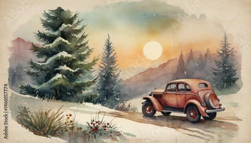 Vintage style Holiday card in watercolor