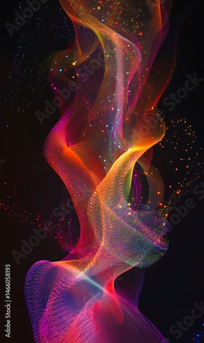 Glowing neon ribbons ascend against a dark background, displaying vibrant colors and light particles