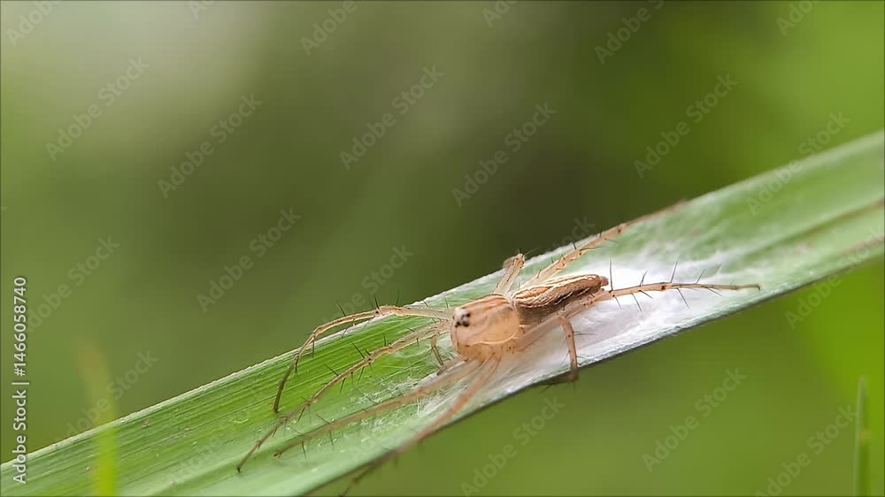 Yellow sac spider (genus Cheiracanthium) on green leaf. Nature background