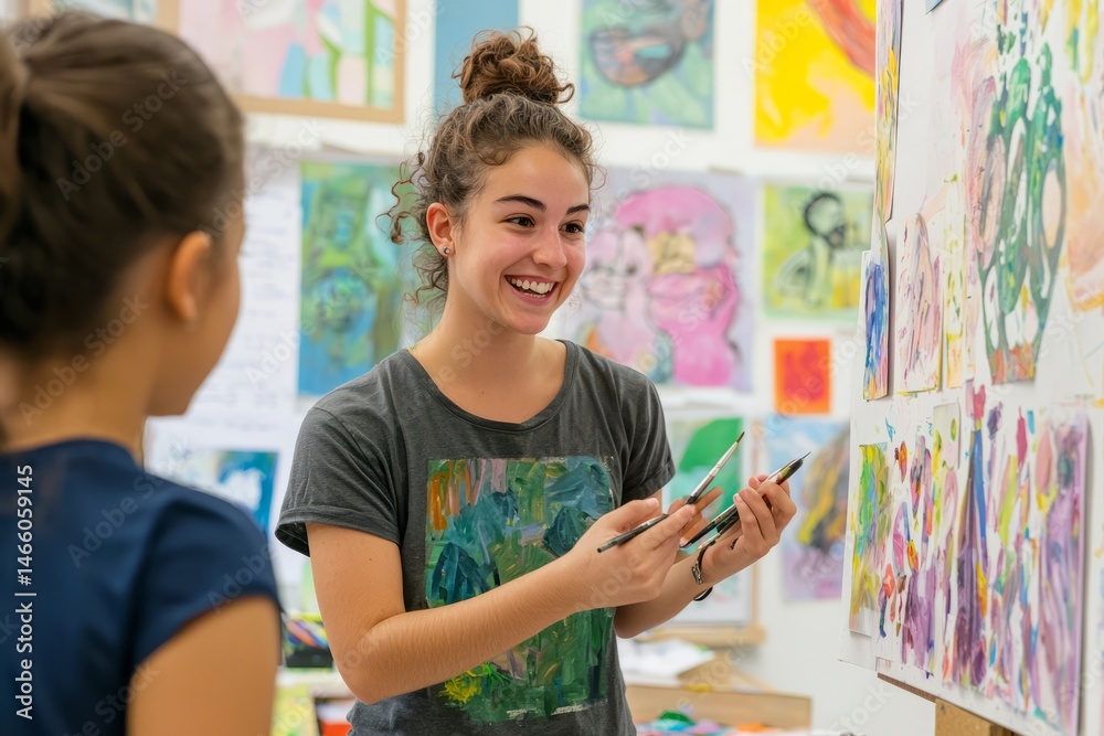 A classroom with art supplies and student artwork displayed A teacher provides feedback on a student's painting with a smile The mood is constructive and appreciative A classroom with art supplies and student artwork displayed A teacher provides feedback on a student's painting with a smile The mood is constructive and appreciative