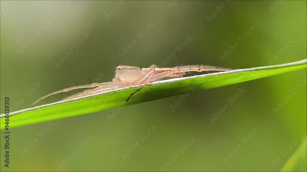 Yellow sac spider (genus Cheiracanthium) on green leaf. Nature background
