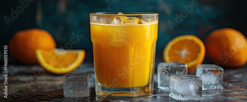 A glass of freshly squeezed orange juice with ice cubes