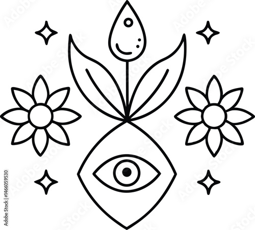 Minimalist Floral Eye Symbol: Black & White Line Art Illustration of Flower, Eye, Leaves, and Stars - Spiritual, Mystical Design