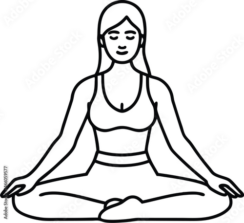 Woman Meditating in Lotus Position Line Art: Yoga, Wellness, Relaxation, Mindfulness, Exercise, Black and White Illustration