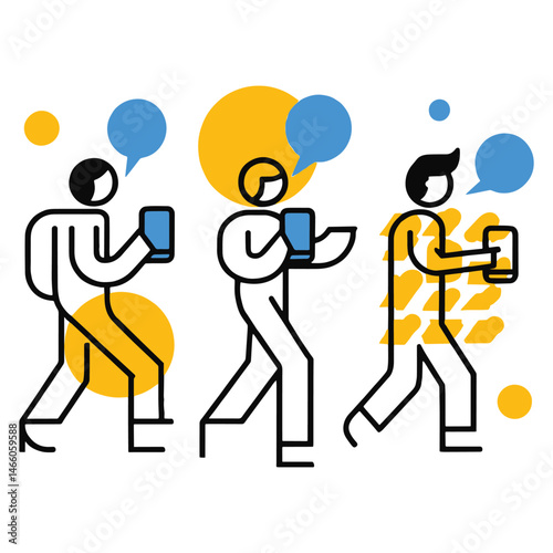 
Minimalist illustration of three people using smartphones with speech bubbles.