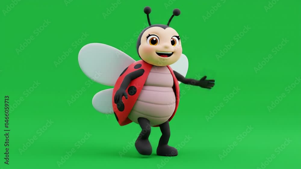 Cartoon ladybug character illustration with red shell and black spots standing on green background Cartoon ladybug character illustration with red shell and black spots standing on green background