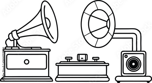 Vintage Gramophone Clipart: Black and White Phonograph Illustration, Antique Music Player Vector Graphic, Retro Audio Device Line Art