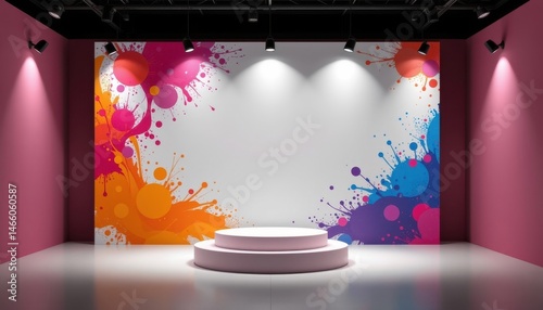 imagine an art piece where an empty podium mockup display stands boldly in the center, showcasing a blank cosmetic ads stand with product placements and fashion ads