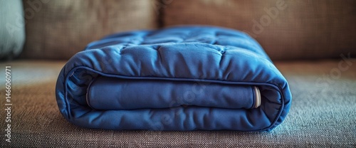 A heated electric blanket folded neatly on a couch