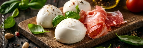 Fresh Mozzarella and Prosciutto Platter - Delicious Italian appetizer featuring creamy mozzarella balls, savory prosciutto slices, and fresh basil leaves on a rustic wooden board