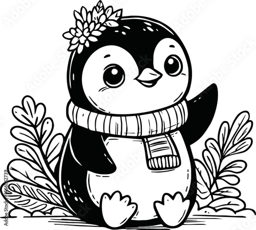 Line art of penguin cartoon vector. penguin coloring book.