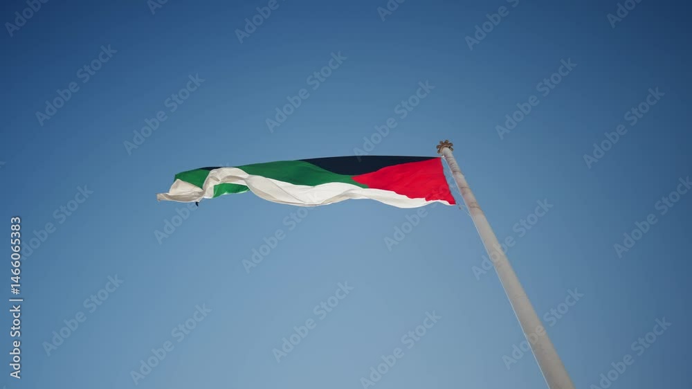 slowmotion of big jordan flag from bottom on pole in sunny day