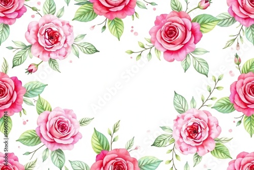 Delicate watercolor roses & leaves, repeating pattern, red, nature, botanical