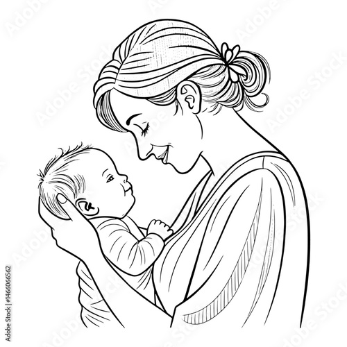 A loving mother, a woman, holds her baby and child, perhaps a daughter or son, in a family illustration, a sketch of a tender moment