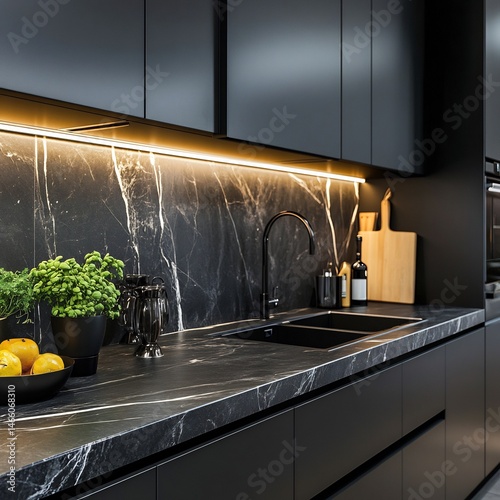 Sleek Monochrome Kitchen with Black Marble Countertops and LED Under-Cabinet Lighting – Modern, Elegant Design Featuring Clean Lines and High-End Finishes for Contemporary Interiors