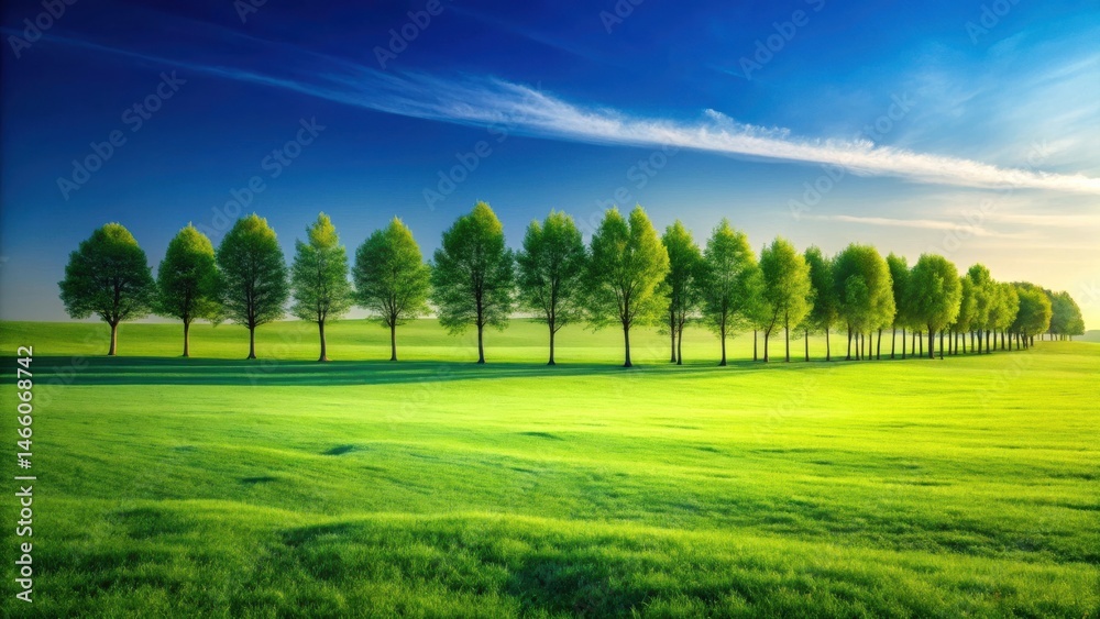 Obraz premium Serene Spring Meadow with a Line of Verdant Trees Under a Bright Blue Sky
