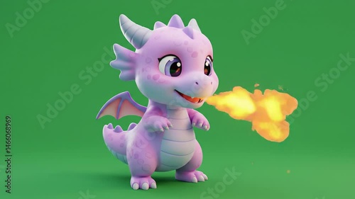 Charming cartoon dragon in pastel colors with friendly expression against solid green background