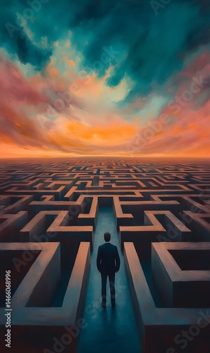 A suited man stands ready to enter a large, complex labyrinth at sunset
