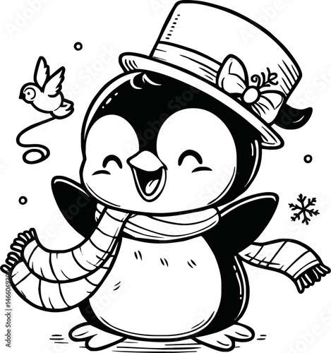 Line art of penguin cartoon vector. penguin coloring book.