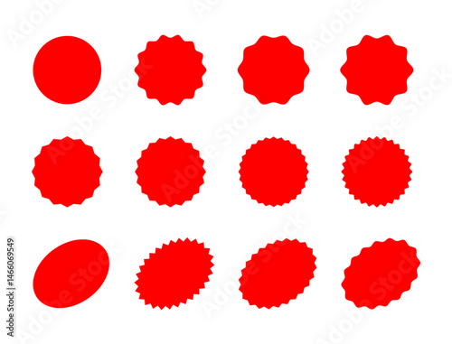 Red abstract element with jagged edges. Collection Retro red wavy edge circle sticker, promotional price labels, discounts, symbols, stamps and tags. Collection of Zigzag and Wavy Geometric Shapes. 
