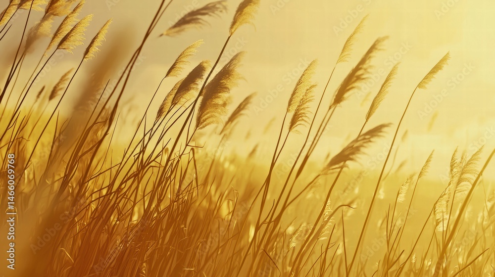 Fototapeta premium Sunlit tall grass gently swaying in the warm breeze under a clear blue sky in nature