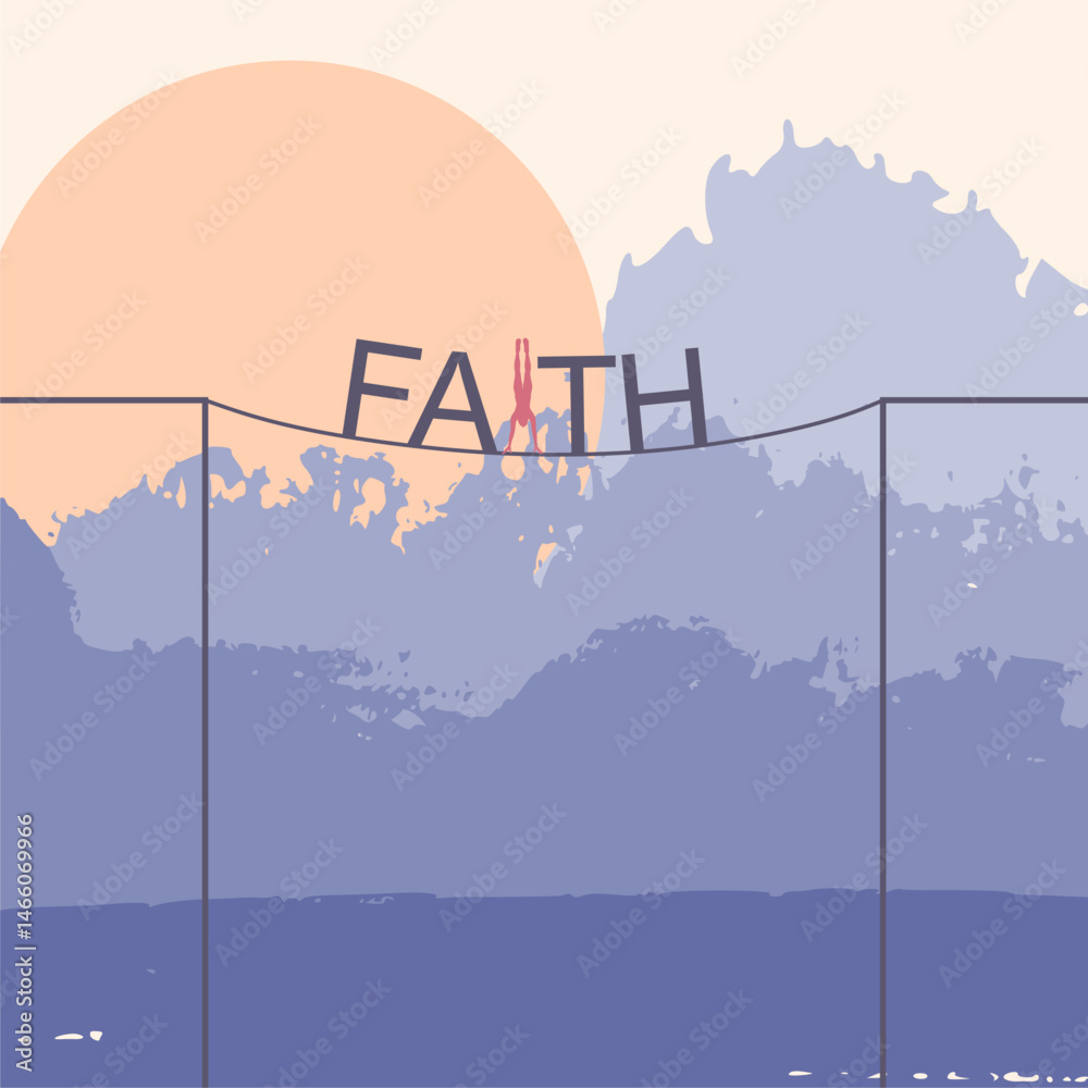 Obraz premium Faith word on rope over a gap. Religion concept illustration. Man figure built in word. Brush painted skyscape