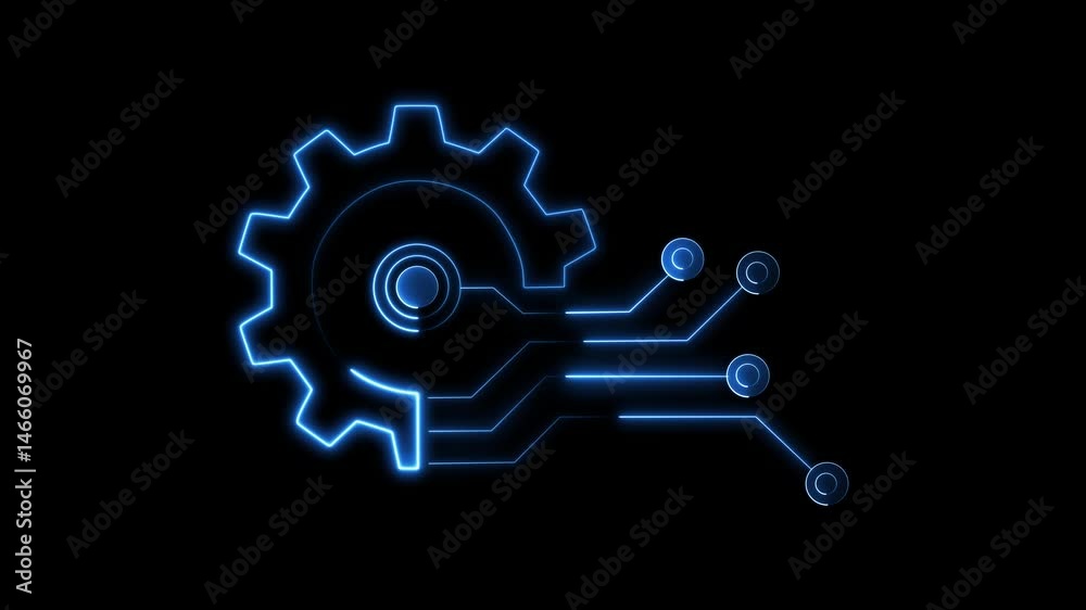 Neon setting technology icon animation. Animated line half cogwheel with digital data streaming. on isolated black background Neon setting technology icon animation. Animated line half cogwheel with digital data streaming. on isolated black background