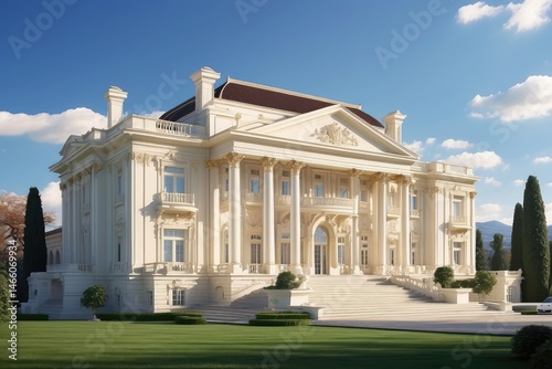 A grand yellow mansion featuring a spacious porch and stone foundation. photo