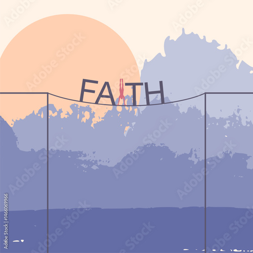 Faith word on rope over a gap. Religion concept illustration. Man figure built in word. Brush painted skyscape